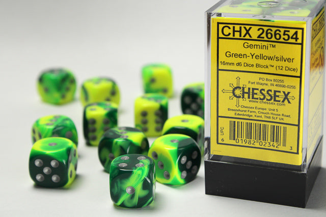 Chessex Dice - Gemini Green Yellow Silver (16mm Dice)