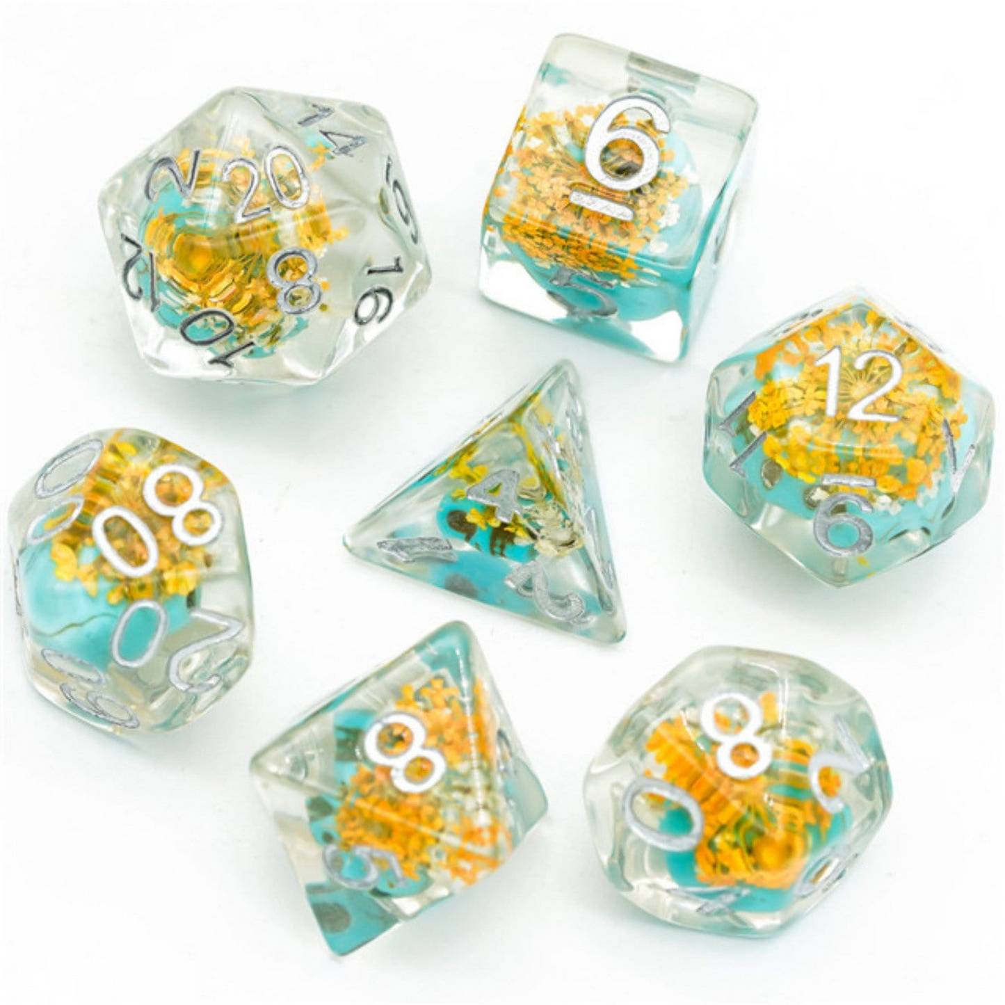 Yellow Flowers with Blue Skull RPG Dice Set