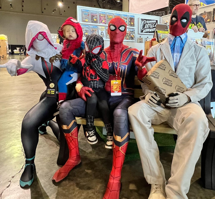 family dressed as spider-man characters